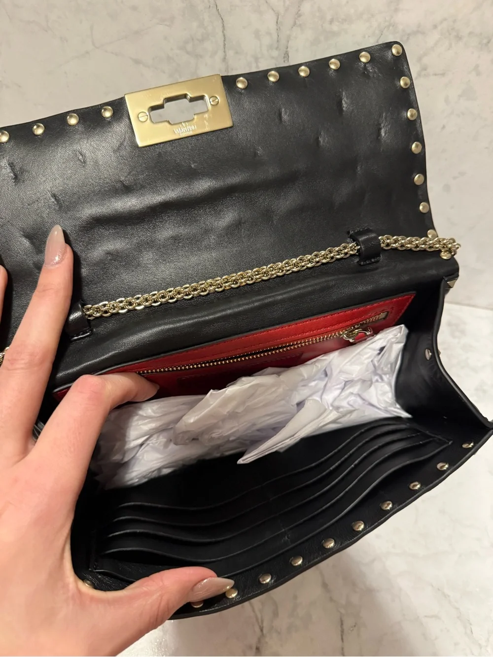 Valentino Garavani Black Quilted Studded Clutch - chain with Gold Hardware